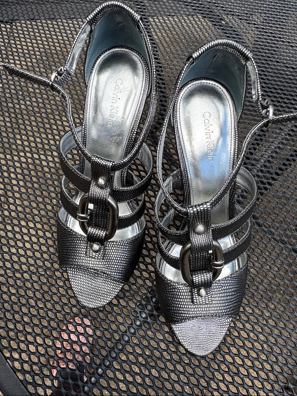 Calvin Klein Gunmetal Strappy Buckle Wedges
